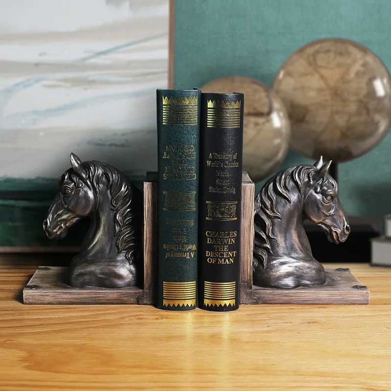 

Resin Horse Head Bookends Vintage Retro Desktop Art Bookshelf Animal Figurine Book Stand Study Room Craft Home Decoration Gift