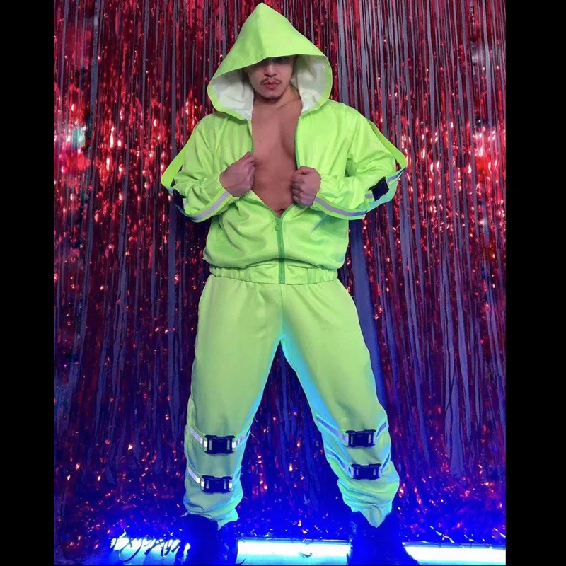 Fluorescent Green Hooded Jacket Pants Overalls Suit Loose 2-Pieces Set Hip Hop Singer Dancer Bands Stage Performance Costume
