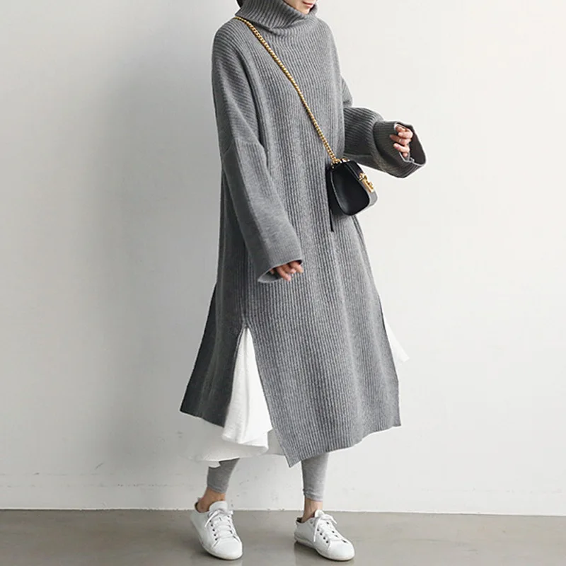 [EWQ] модный длинный шерстяной пуловер трикотажное платье свитер Осень Зима