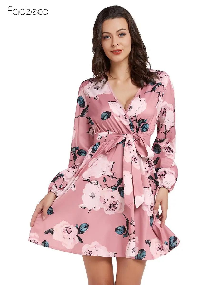 FADZECO 2019 женское платье с цветочным рисунком осеннее вечернее длинным рукавом и v