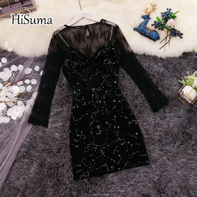 Весна 2021, новинка, шикарное женское платье HISUMA с круглым вырезом, кружевом и бронзовой Серебряной звездой, бархатное платье на бедрах, женск...