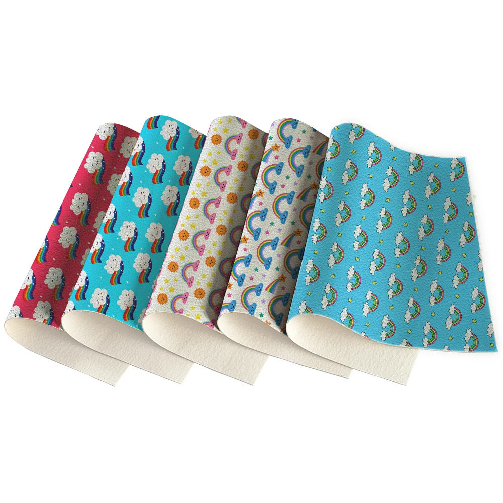 

Litchi Impermeable Textil Synthetic Leather Rainbow Clouds Blue Printed For Making Book Covers Clothing 30X136CM