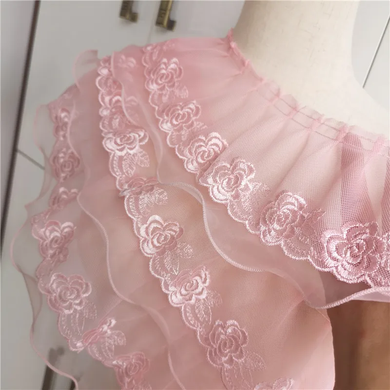 

Double Layer Pink Organza Embroidered Pleated Lace Trim Fabric DIY Dress Cheongsam Skirt Neckline Cuffs Lengthened Sewing Border