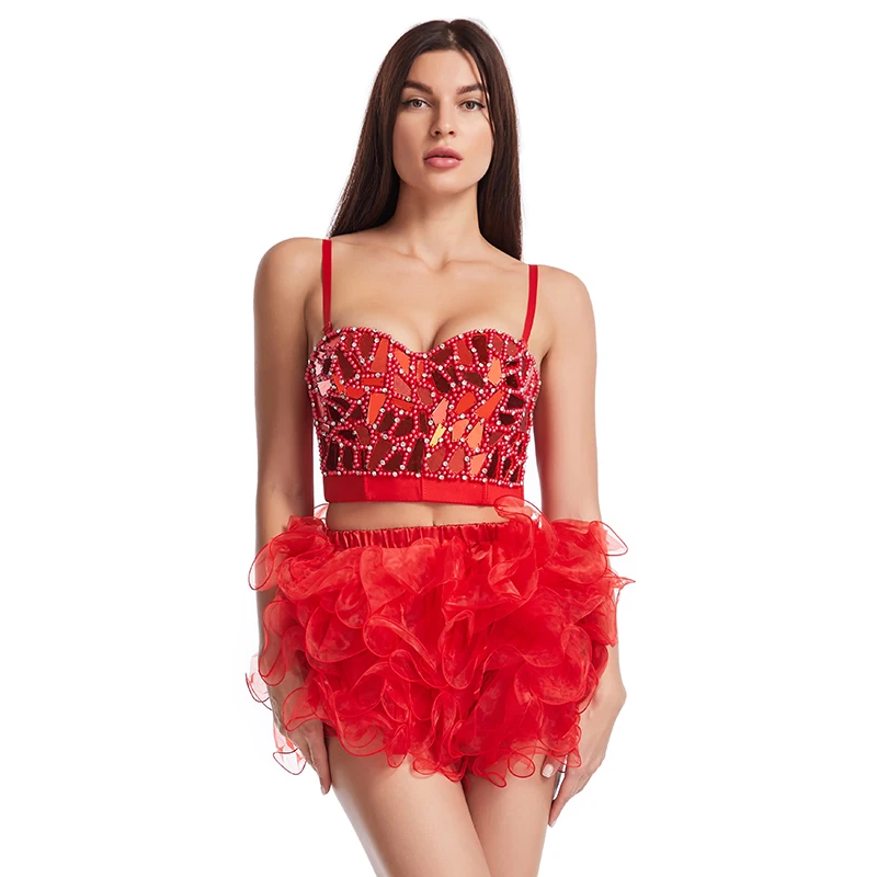 2020 High Waist Tulle Skirts and Red Diamond Bra Suit Plus Size Two Piece Set Cute Punk Clothing Party Stage Wear For Women