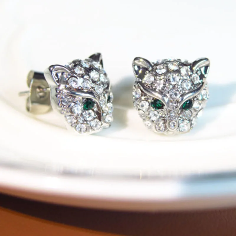 

Hot Sale Leopard Head Stud Earrings for Women Men Gift Hip Hop Jewelry Cool Rhinestone Animal Party Earrings L3X569