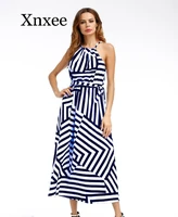 new fashion women sexy boho striped dress summer maxi long dress sleeveless beach strap sundress vestidos for female ankle