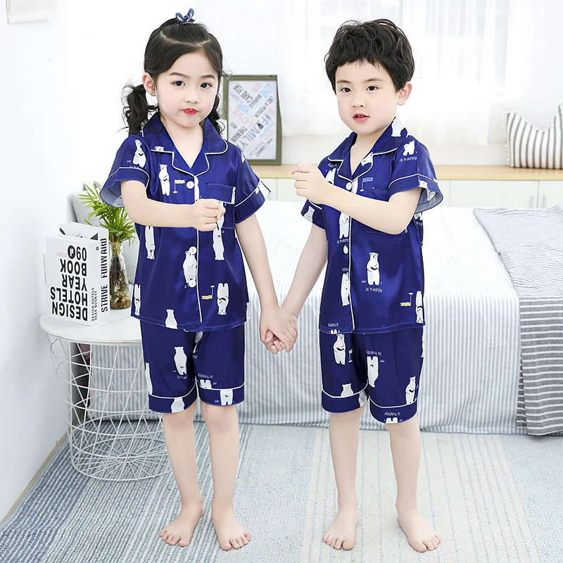 

Summer Silk Pyjamas Children Homewear Satin Tops Shorts Kids Short Sleeve Sleepwear Nightwear Girls Boys Pajama Sets Teen Pjs