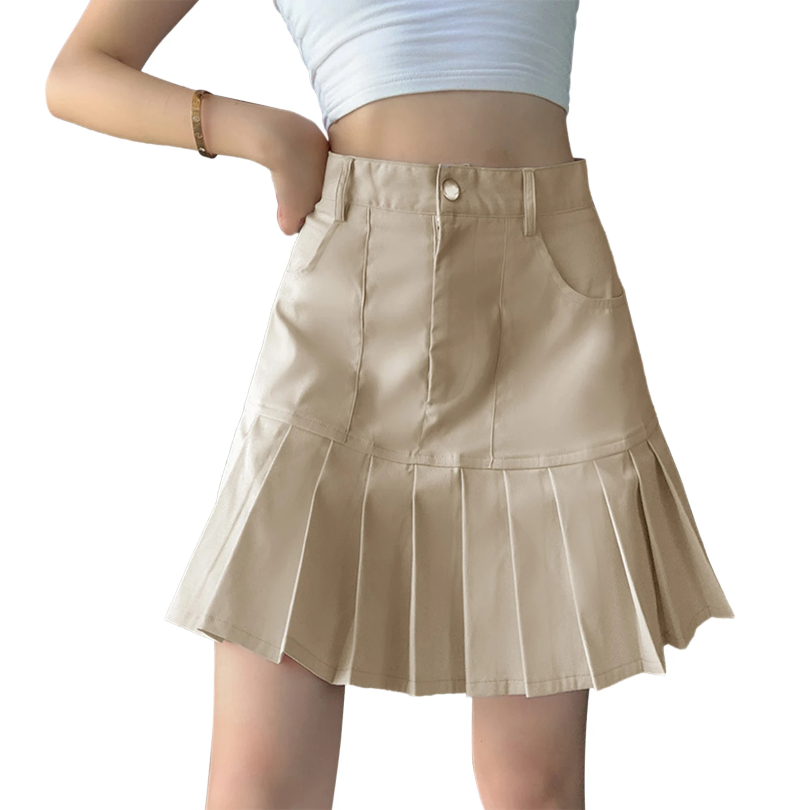 

Women Casual Pleated Hem Skirt Solid Color High Waist Short Skirt with Pockets Blue/ Khaki