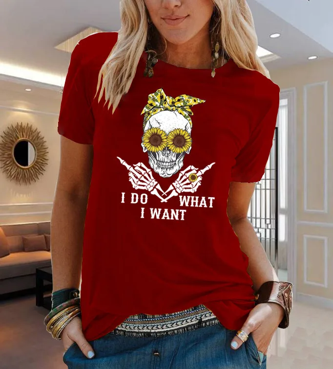 

Tshirt Short Sleeve Kawaii Skull Flower Funny Letter Print Summer t Shirt Casual O-Neck Top Tee Summer Female T-Shirt Loose