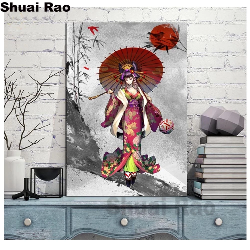 

DIY Full Square/Round Diamond Painting Japanese Kimono Cartoon umbrella Girl Vintage diamond mosaic for girl room home decor,