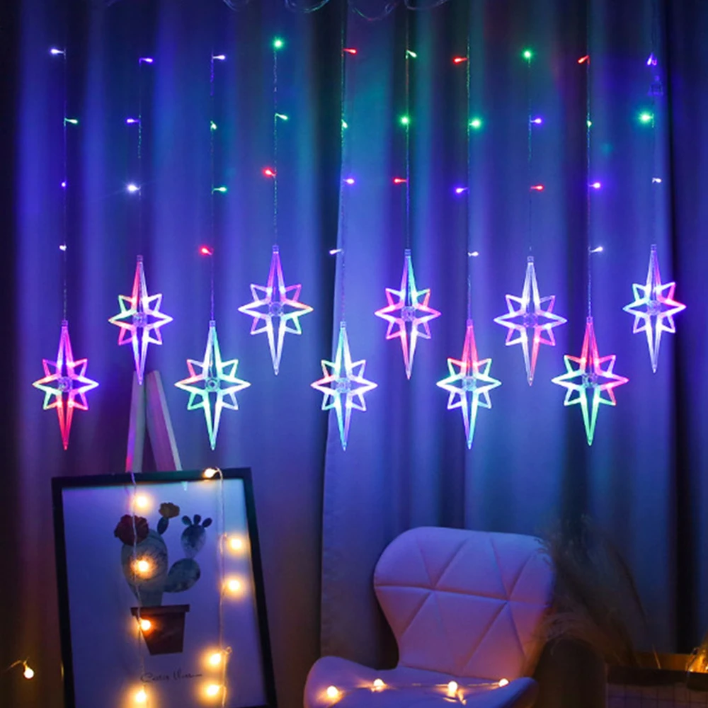 

EU Plug 3.5m Star Fairy Curtain Light String LED Polaris Window Lamp for Christmas Wedding New Year Party Bedroom Decorations
