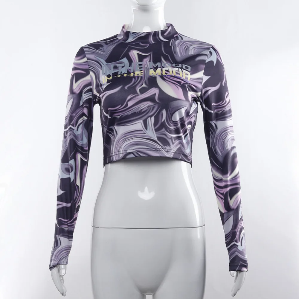 

2021 Vintage Crop Top Graphic Tees Women T shirt Hip Hop Long Sleeve Print Slim Fashion Shirts Girls Pullover High Waist Retro