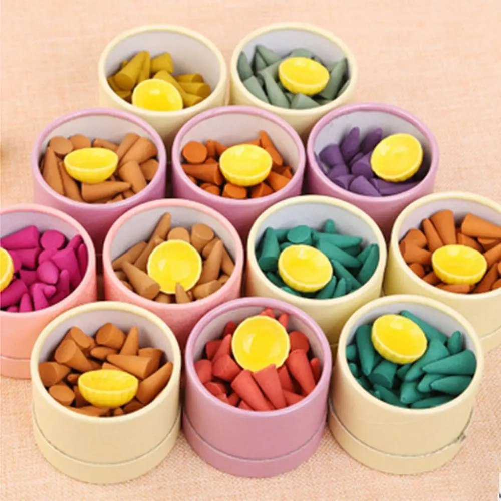 

40Pcs/Box Natural Cones Incense Lemon Osmanthus Jasmine Rose Lavender Fresh Air Aroma Spice With Tray
