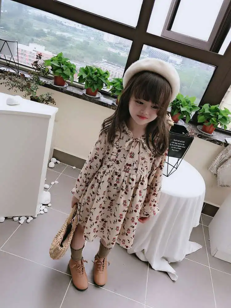 2020 spring and autumn new girl baby idyllic lace stand collar dress children rose print |