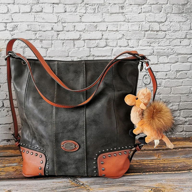 Black and Camel Горячая Распродажа, модная женская сумка из натуральной кожи, Большая вместительная сумка, женская сумка на одно плечо, многофункциональная сумка - Цвет: Black and Camel
