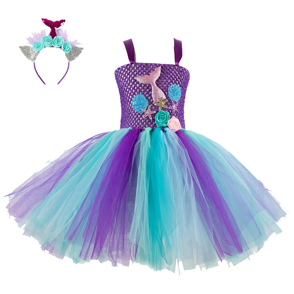 

Qunq Girls Mermaid Princess Dress with Flower Hair Band Summer Kids Cosplay Party Costume Ball Gown Mesh Children Dresses