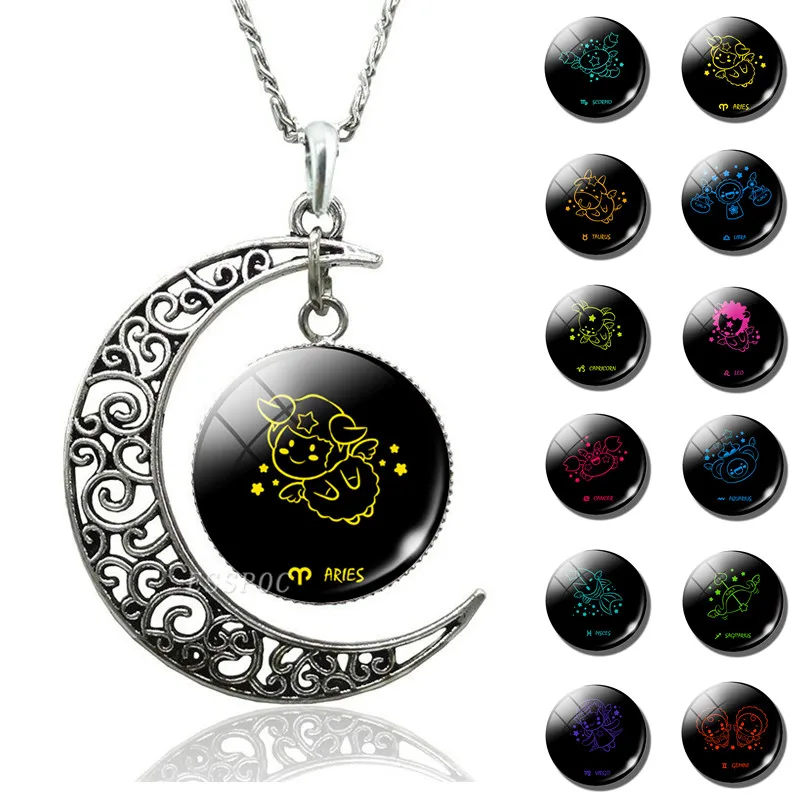 Ожерелье с кулоном в форме полумесяца милый знак зодиака 12 стеклянный кабошон