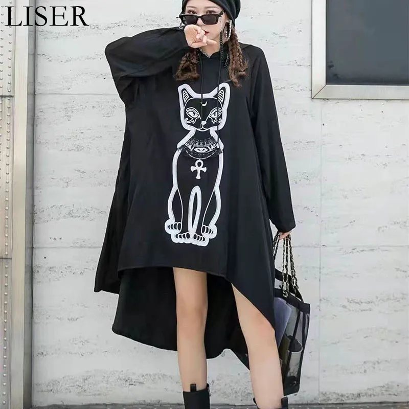 

Fashion Card Printing Loose Casual Irregular Dress Women 2022 Spring New Long Sleeve Hooded Pullover Dress Black LL766