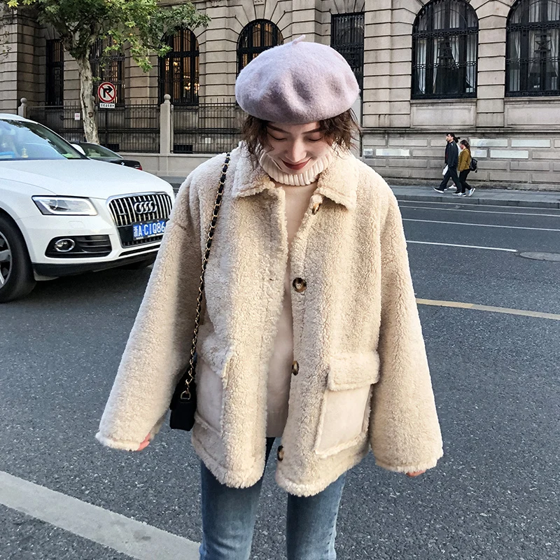 

Lamb wool autumn and winter loose fur one thick plush short lamb wool plus fat coat jackets women wool coat