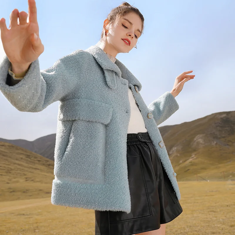 

SHZQ Granular Cashmere Coat Women's New Winter 2021 Lapel Lamb Style Blue Fur One-piece Coat