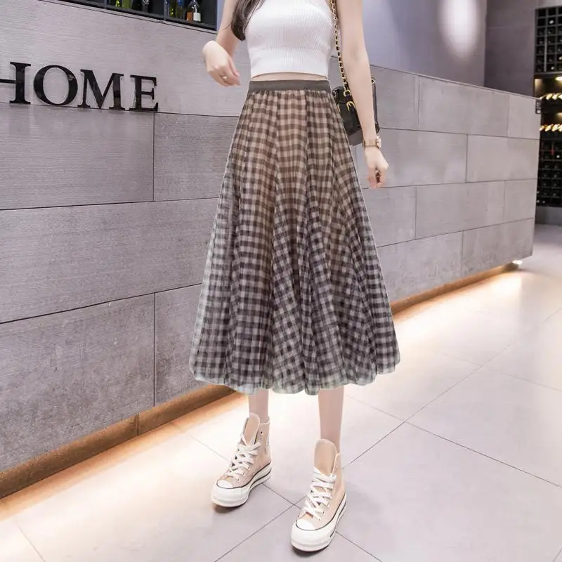 Длинные пляжные юбки новинка 2021 Женская клетчатая юбка из тюля с принтом