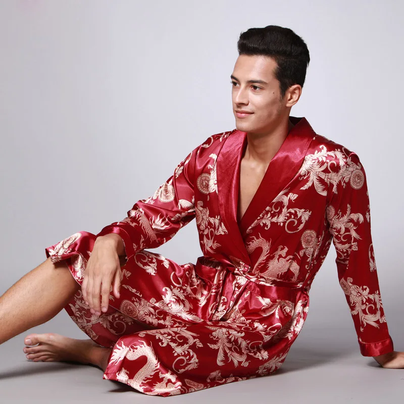 Silk Ice Silk Long Sleeve Men's Pajamas Long Home Nightgown Bathrobe-8
