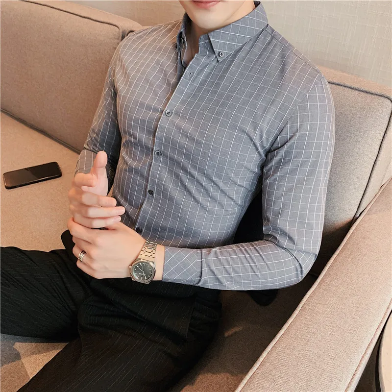 

Plus Size 4XL-M British Style Long Sleeve Plaid Shirt Men Clothing Luxury Business Formal Wear Slim Fit Office Chemise Homme Hot