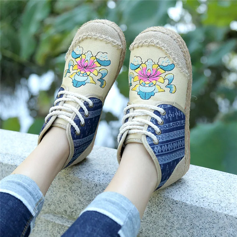 Spring Autumn Women Shoes High Top Canvas Shoes Female Flats Embroidered Footwear Ankle Boots National Style Weaving Casual Shoe