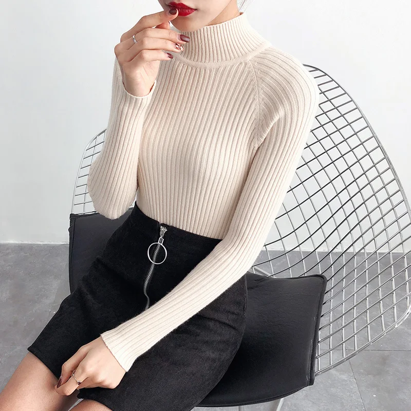 

Корейский Тонкий элегантный свитер с высоким воротом, женский модный вязаный свитер с длинным рукавом, женский белый пуловер размера плюс