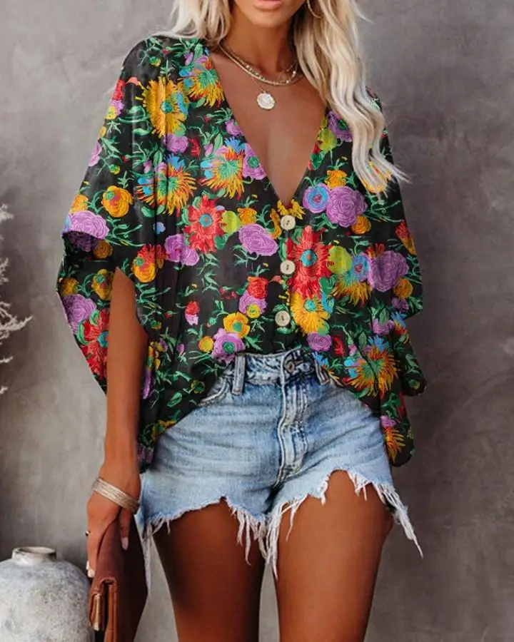 

2021 Sexy Women Summer Button T-Shirt Bating Ruffles Chiffon Tops Tees Plus Sizes Short Sleeve Casual Femme Blouse Befree Boho