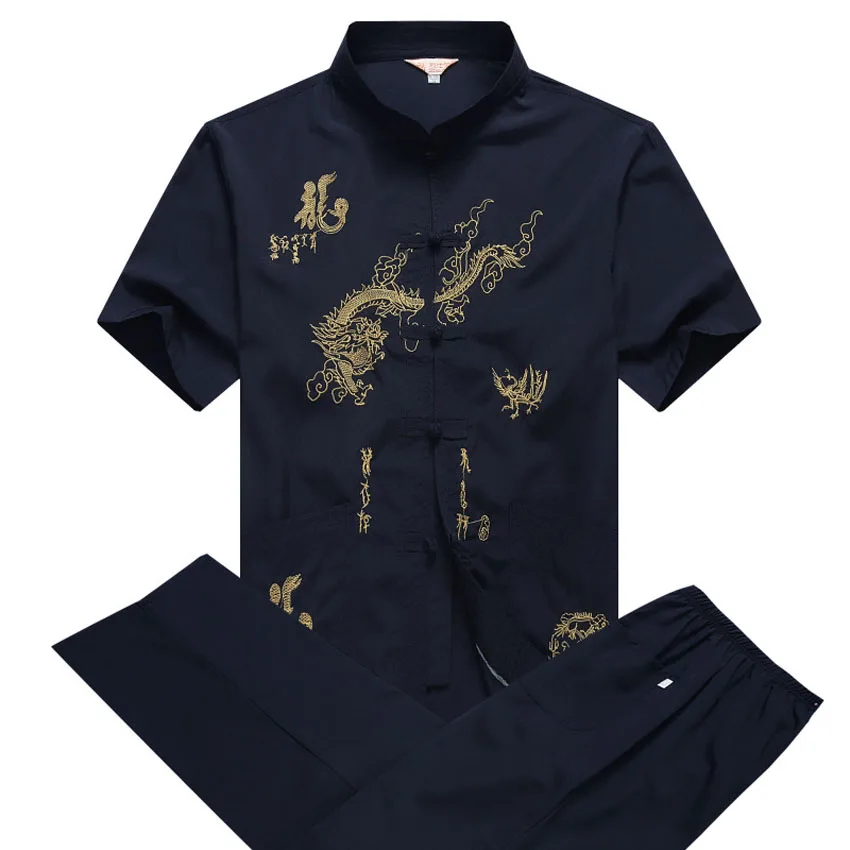 

Chinese Traditional Costumes 2PCs Men Clothing Set Dragon Embroidery Shirt+trousers Kung Fu Wushu Tai Chi Outwear Tang Suit