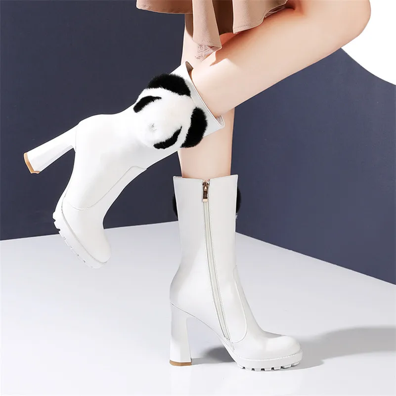 

ANNYMOLI Genuine Leather Platform Extreme High Heel Mid Calf Boots Women Shoes Zip Block Heels Fashion Boots Female White 33-40