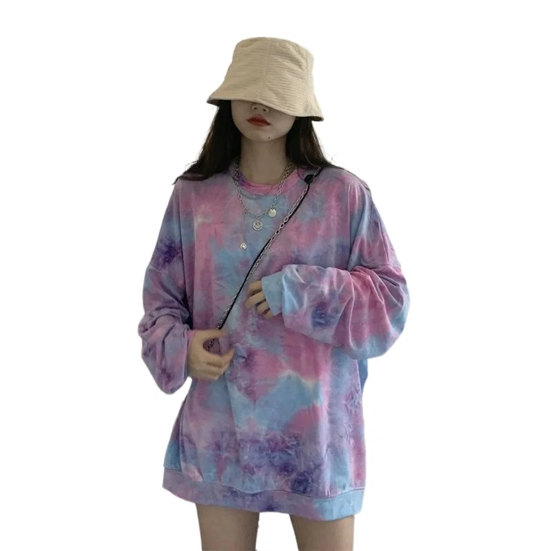 

2021 Spring and Autumn New Loose Fashion Hundred Tie Dyeing Round Collar Mid-length Women's M-XXL Crewneck Sweatshirt
