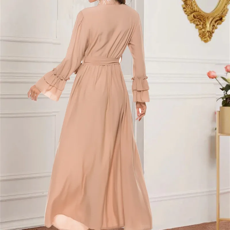 

2020 Spring Women Patchwork Long Dress Casual O-neck Ruffles Flare Sleeves Sashes Slim Dress
