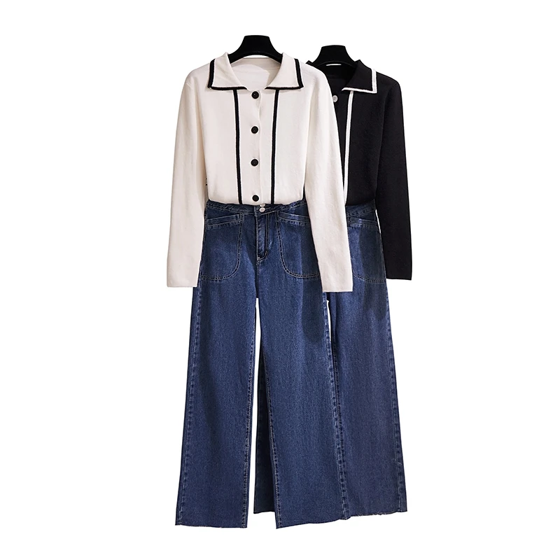 

Chic Wind Polo Color Knit Long-Sleeve Cardigan Sweaters Pant Jeans Of Tall Waist Two Pcs Clothing Set Leisure Outfits Women Suit