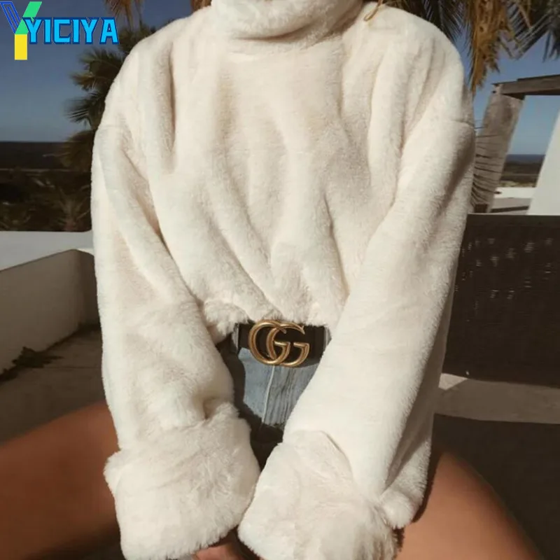 

Sweatshirt Woman High-necked Long-sleeved Warm Plush Blouse Imitation Rabbit Fur Blanket Hoodie Women Sweater Women's Turtleneck