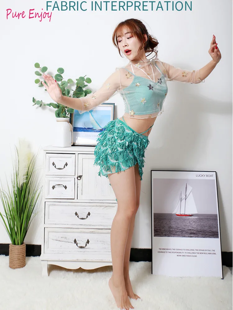 

Belly Dance Skirt 2020 New Sequin Tassel Skirt Practice Clothes Set Sexy Strap Beginner Class Service dance top+skirt 2pcs suit
