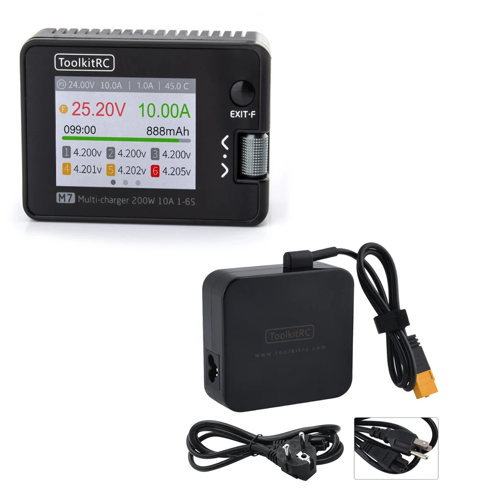 ToolkitRC M7 200W Balance Charger Discharger With ADP100 for 1-6S Lipo Battery Voltage Servo Checker  Receiver Signal Test