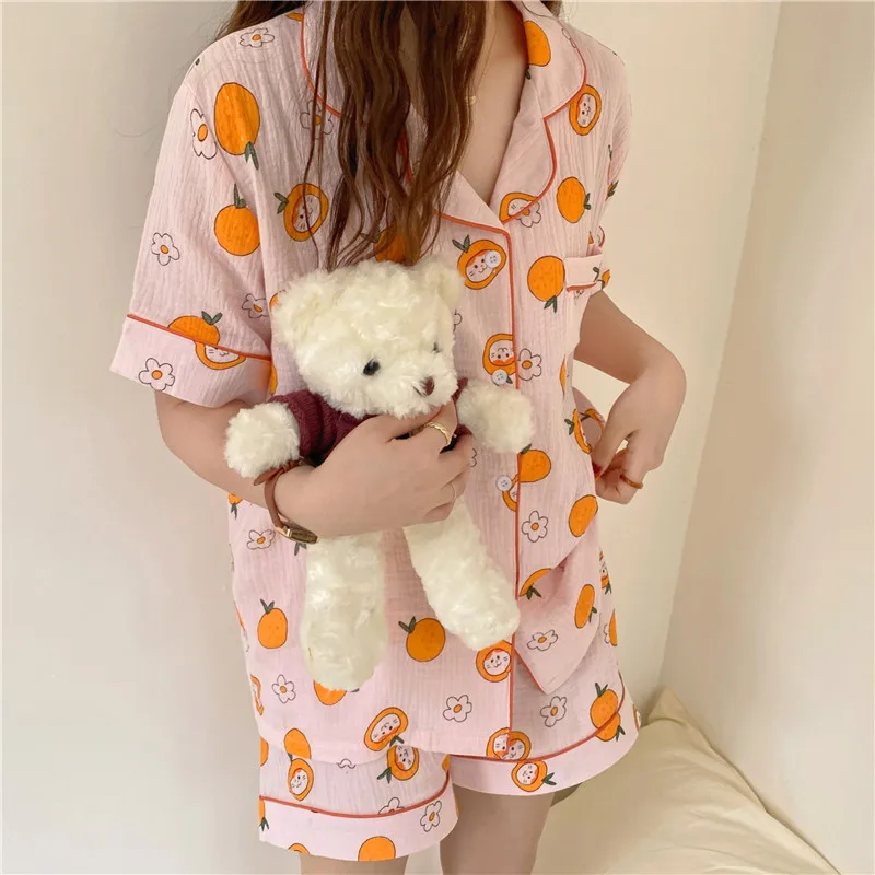 

Alien Kitty New All Match Comfortable 2021 Gentle Printed Oranges Hot Summer Casual Loose Cotton Homewear Two Piece Pajamas Sets