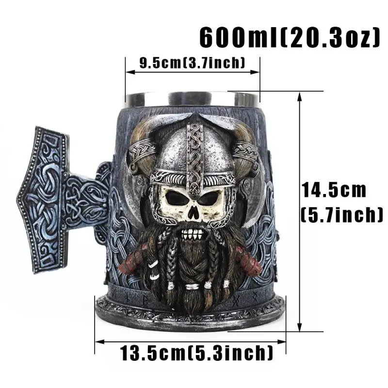 

600ml Viking Pirate Large Beer Mug Stainless Steel Liner Resin 3D Painted Skull Beer Mugs Whiskey Wine Glass Mugs Gift
