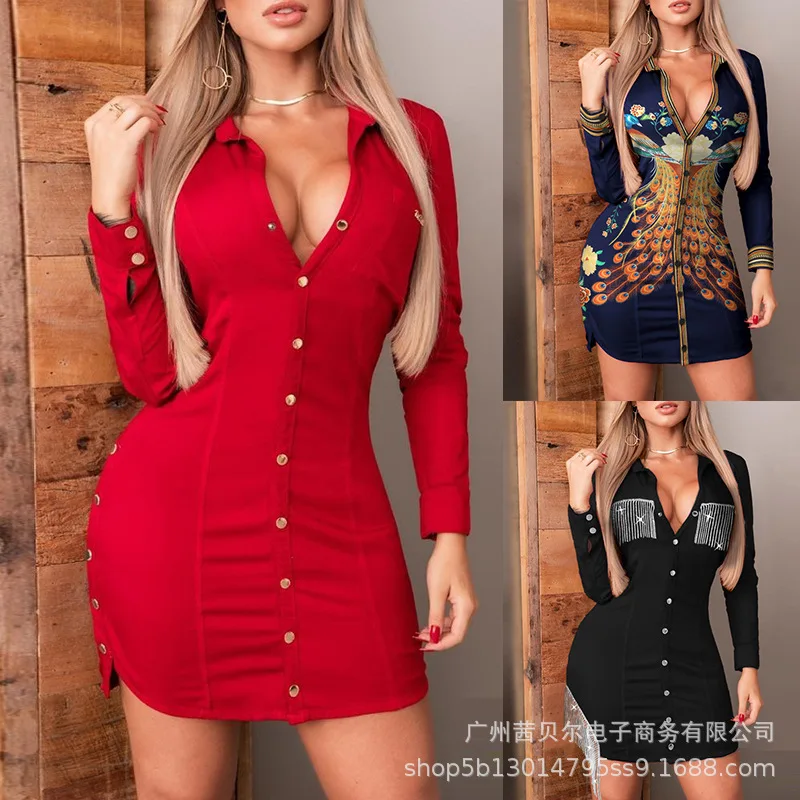 

2021 new red tight-fitting long-sleeved side slit shirt dress