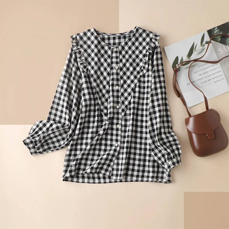 

Shuchan Blusas Femininas 2021 Cotton Linen Vintage Plaid Turn-down Collar Blouses for Women Tops Long Sleeve Shirt