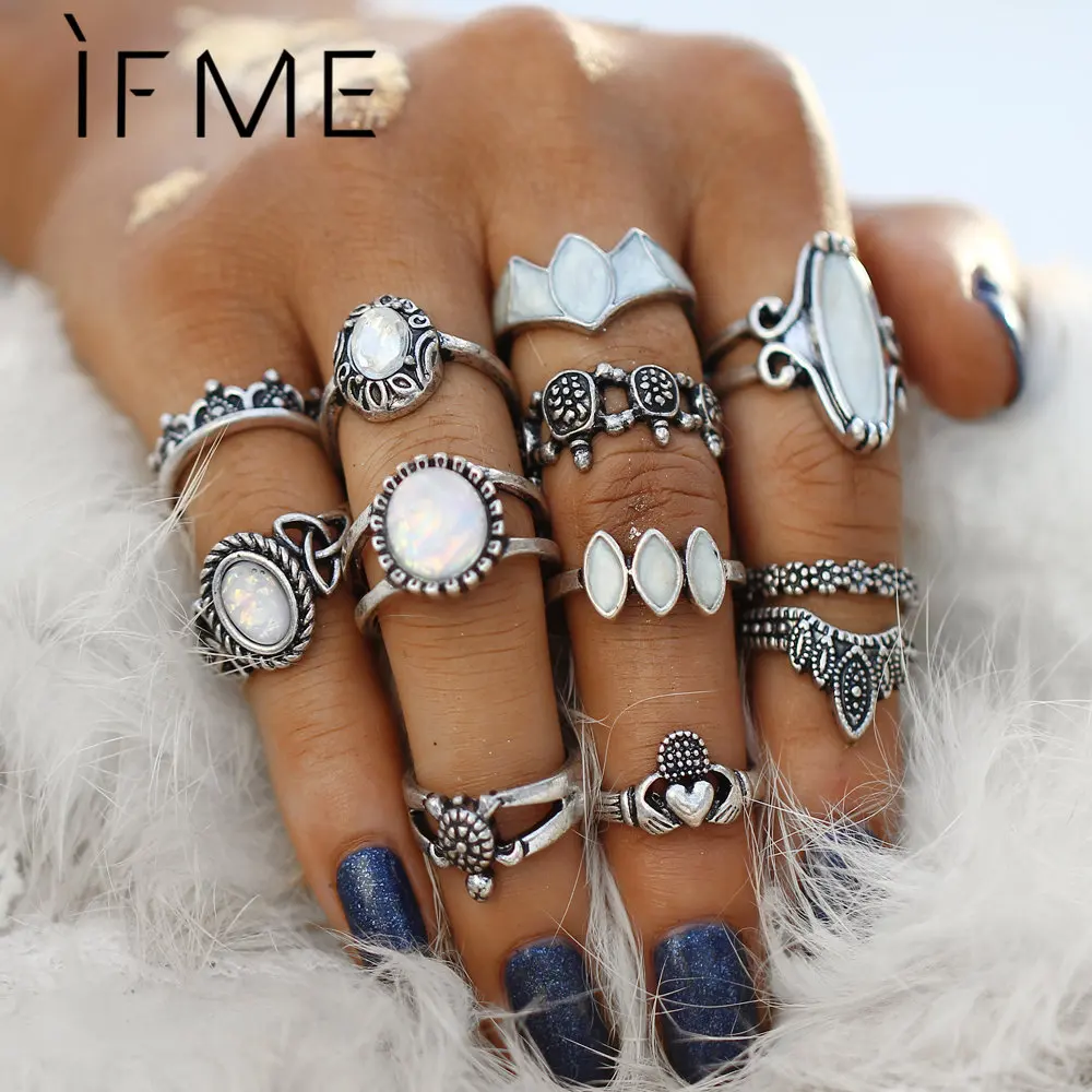 Винтажные наборы колец для женщин богемский серебристый цвет опал камень слон