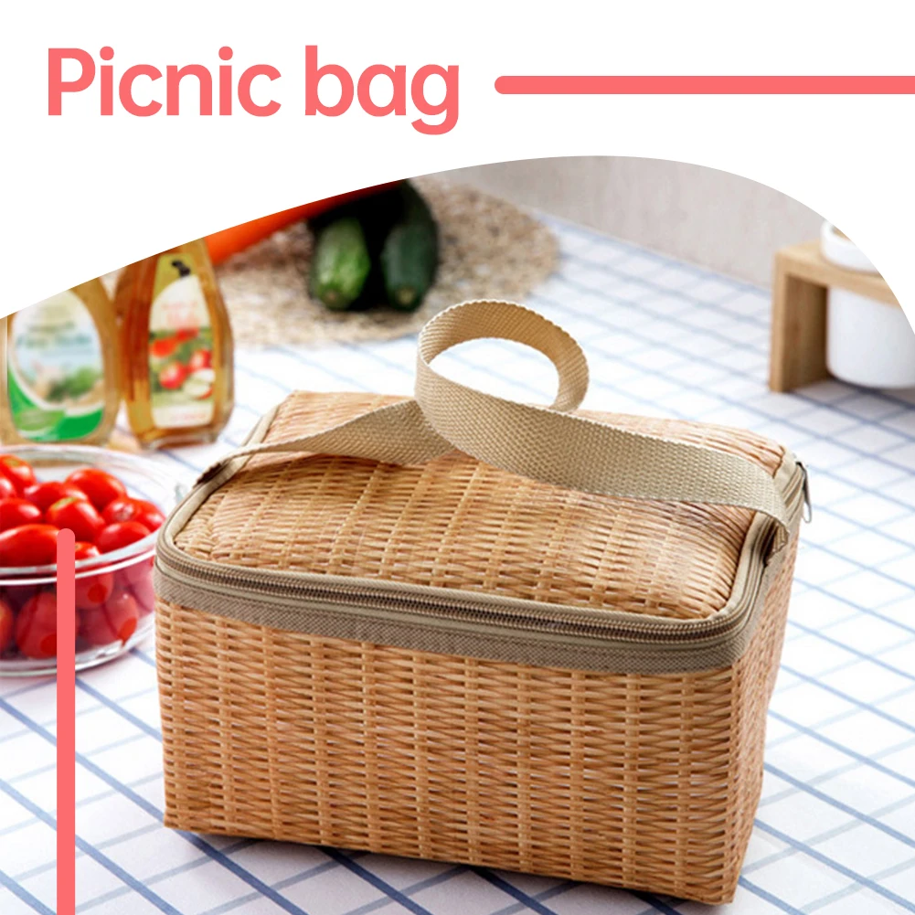 

Portable Wicker Rattan Outdoor Picnic Bag Waterproof Tableware Insulated Thermal Cooler Food Container Basket For Camping Picnic