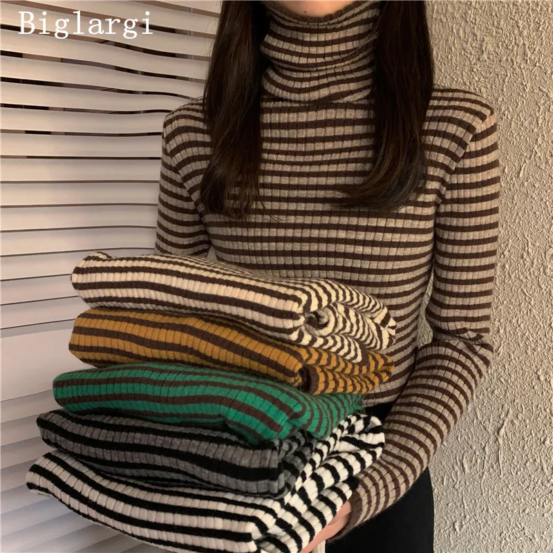 

Autumn Winter Knitted Sweater Women Pullover Striped Bottoming Laides Sweaters Turtleneck Korean Casual Long Sleeve Top Jumper