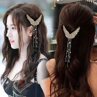 trendy tassel crystal hairpin elegant rhinestone paved wing hair clip silver chain fairy ornament hairgrip barrettes accessories