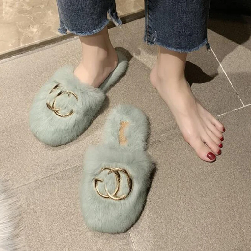 Baotou/Модные женские тапочки на плоской подошве; новые модные тапочки с кроличьим мехом; сезон осень-зима; s742