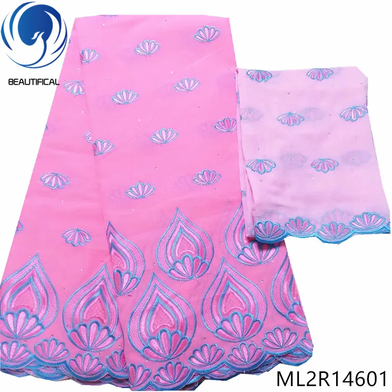 Красивые белые нигерийские хлопчатобумажные ткани фиолетовая вышивка