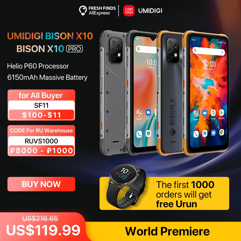 [World Premiere] UMIDIGI BISON X10 X10 Pro Global Version Rugged Smartphone IP68 64GB/128GB NFC 20MP Triple Camera 6150mAh Phone