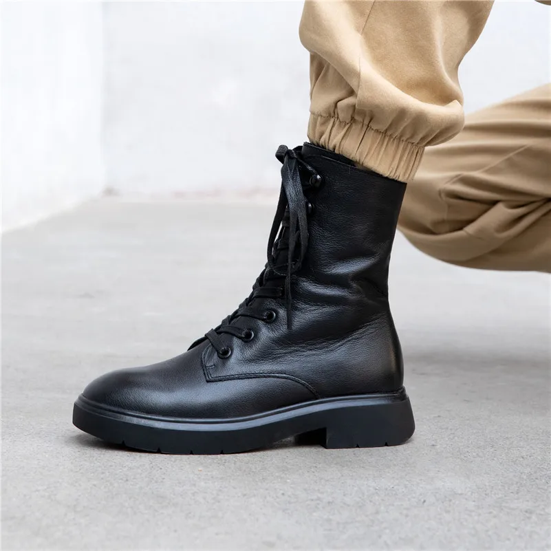 

Meotina Winter Ankle Boots Women Natural Genuine Leather Flat Short Boots Lace Up Round Toe Shoes Female New Autumn Black 34-39